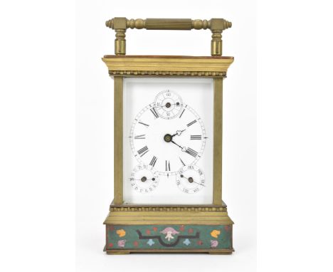 A cloisonne enamel 8 day carriage clock, the white enamel dial having Roman numerals and three subsidiary dials for seconds, 