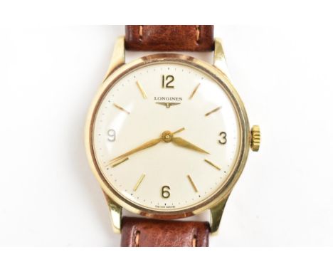 A Longines, manual wind, gents, 9ct gold wristwatch, circa 1959, the dial having gilt baton markers and Arabic numerals and c