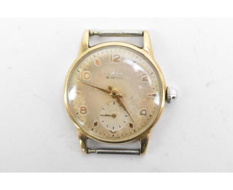 An Avia, manual wind, gents mid size, 9ct gold wristwatch, the dial having gilt hands, baton markers and Arabic numerals with