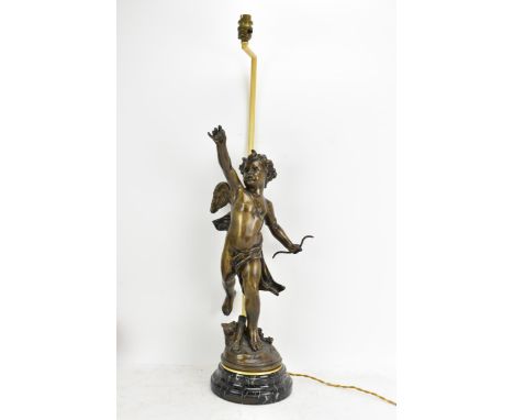 After Eutrope Bouret (French 1833-1906) A mid 20th century bronze figural table lamp entitled 'AMOUR GLORIEUX', depicting a w