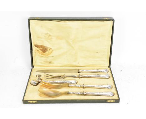 An early 20th century French Christofle cased silver plated carving set, consisting of salad serving spoon and fork with horn