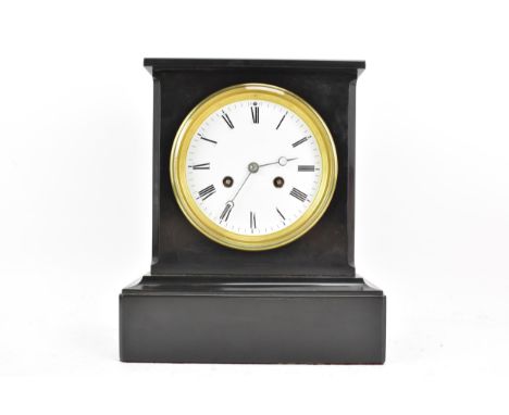 A late 19th century French black slate marble 8 day mantle clock, the white enamel dial having Roman numerals and Breguet sty