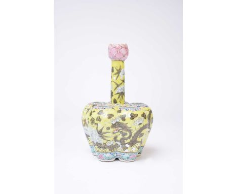 A Chinese garlic-head flower vase, Qing Dynasty, 19th century, the lobed ovoid body with five apertures surmounted by a cylin
