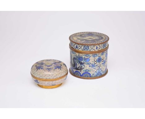 Two Chinese cloisonné pots and covers, late Qing Dynasty, circa 1900, the first of cylindrical form and decorated with blue d