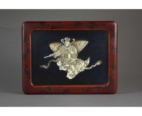 A Japanese ivory inlaid lacquer box, Meiji eraOf rectangular outline, the top slightly recessed and inlaid with an ivory and 