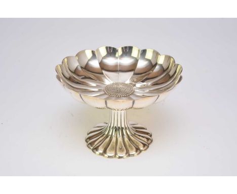 A Japanese silver pedestal dish Samurai Shokai, YokohamaOf stylised sunflower form, raised on a lobed stand, 16.5cm dia, 10.5