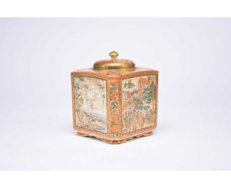 A Japanese satsuma koro and cover, Meiji era, of cuboid form with canted corners, the pierced domed cover with bud finial, th