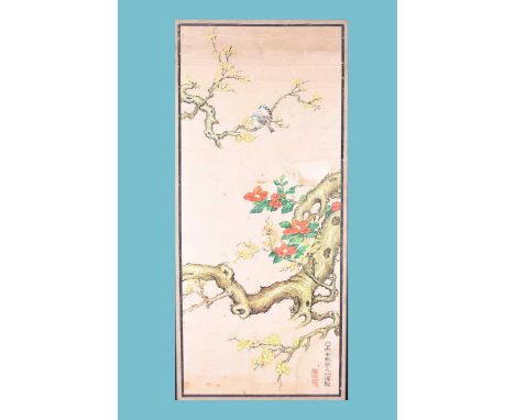 A Chinese school hand scroll, 20th century, depicting two birds perched on a flowering peach blossom branch, a bigger branch 