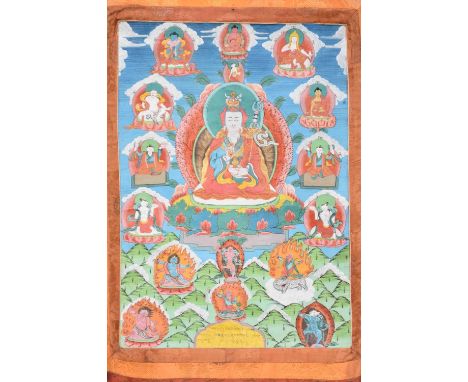 A Tibetan thanka of Padmasambhava, 20th century, the principal figure seated on a moon disk, holding a vajra in his right han