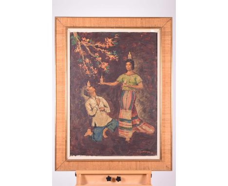 Emy Lopez (XX-XXI), 'Candle Dance', two figures beside a flowering tree, oil on canvas, signed and dated 1964 lower right, 92