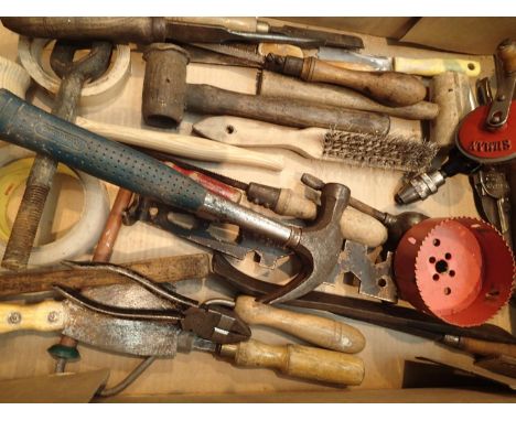 Box of assorted hand tools including a grease dispenser, drill etc. Not available for in-house P&amp;P, contact Paul O'Hea at