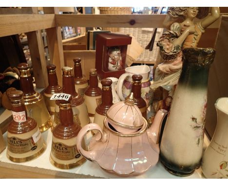 A shelf of mixed items including Bells Whiskey decanter, ceramic figurines etc. Not available for in-house P&amp;P, contact P