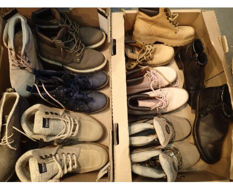 Ten pairs of ladies boots, including Adidas, sizes S and 6, all used, mostly good condition. Not available for in-house P&amp