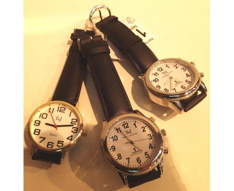 Three gents Tavistock and Jones wristwatches, one talking radio controlled, working at lotting. P&amp;P Group 1 (£14+VAT for 