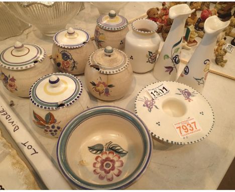 Collection of Poole ceramics, including five covered preserve jars. Not available for in-house P&amp;P, contact Paul O'Hea at