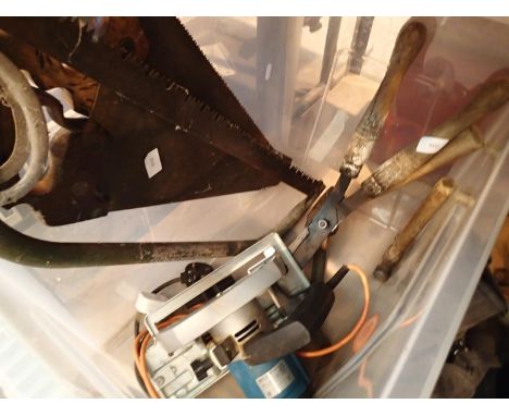 Box of assorted tools to include three handsaws, Black &amp; Decker saw etc. Not available for in-house P&amp;P, contact Paul