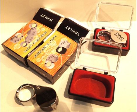 Three new and boxed 30 x 21 stainless steel jewellers loupes. P&amp;P Group 1 (£14+VAT for the first lot and £1+VAT for subse
