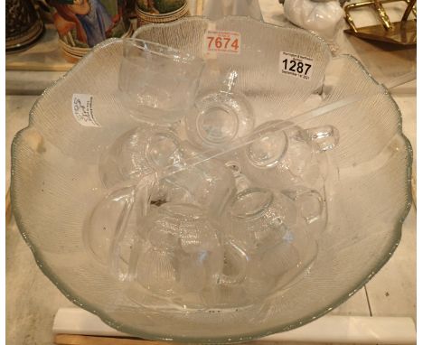 Glass punch bowl with matching cups and ladle. Not available for in-house P&amp;P, contact Paul O'Hea at Mailboxes on 01925 6