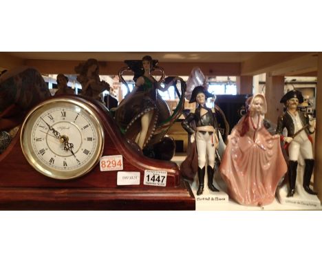 A shelf of ceramic figurines, mahogany cased mantel clock, glassware etc. Not available for in-house P&amp;P, contact Paul O'