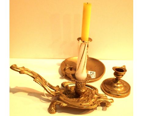 Three antique brass hand held candlesticks. P&amp;P Group 3 (£25+VAT for the first lot and £5+VAT for subsequent lots) 