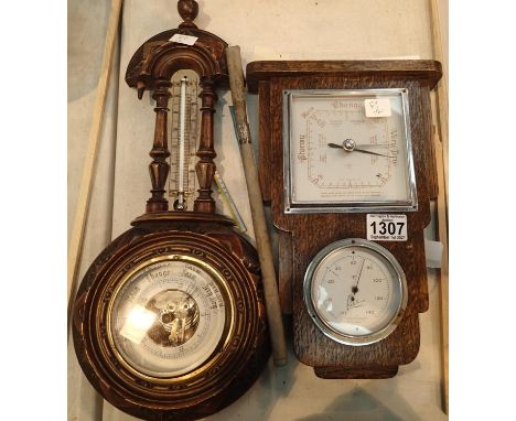 Art Deco style barometer and temperature gauge and a carved banjo barometer. Not available for in-house P&amp;P, contact Paul