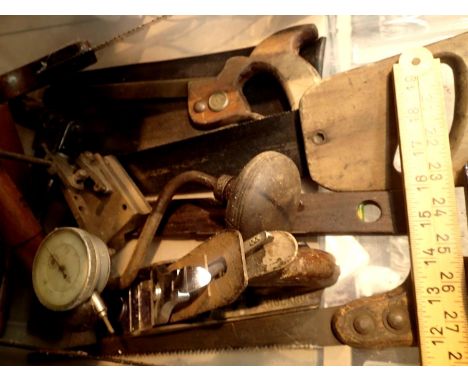Collection of vintage tools including wood planes tension saws and double edge saw. Not available for in-house P&amp;P, conta