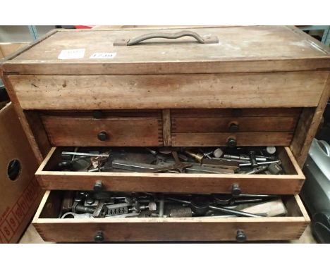 Wooden toolbox with drill related contents, lacking key. Not available for in-house P&amp;P, contact Paul O'Hea at Mailboxes 