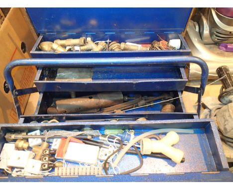 Blue metal toolbox with plumbing related contents. Not available for in-house P&amp;P, contact Paul O'Hea at Mailboxes on 019