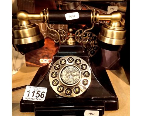 GPO Duke, push button telephone with a black & brass finish and cloth, handset curly cord, compatible with standard analogue 