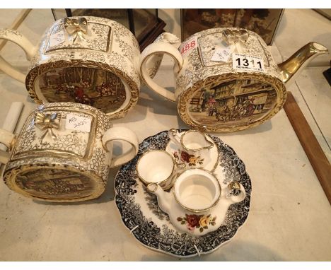 Two Sadler tea pots decorated with hunting and horse theme a Sadler sugar bowl with lid and small amount of other ceramics. N