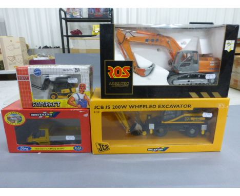 Four boxed construction diecast vehicles to include Britains JCB JS 200W Wheeled Excavator, Joal Compact JCB Teletruk, Britai