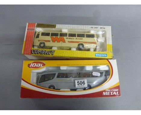 Two boxed Joal diecast buses 1:50 scale to include; Autobus Bus ref: 147, Volvo Coach ref: 149