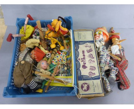 Boxed Pelham Puppet Type SS Cowgirl, strings tangled, box fair plus Pluto and five other Pelhams, strings tangled and three o