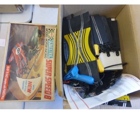 Boxed Scalextric Super Speed 8 C553 set with both slot cars plus a quantity of track and controllers