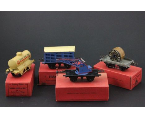 Four boxed Hornby O gauge clockwork trucks to include RS676 Shell-Mex & BP No 1 Petrol Tank Wagon, RS661 No 1 Crane Truck, RS