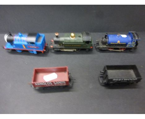 Three Hornby OO gauge engines to include Highland Railway Ben-Y-Gloe, GWR Tank and Thomas the Tank Engine plus two wagons