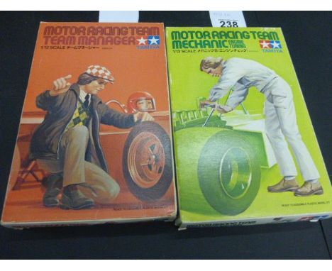 Two boxed Tamiya 1:12 Motor Racing Manager model kits to include Team Manager and Mechanic Engine Tuning both unbuilt 