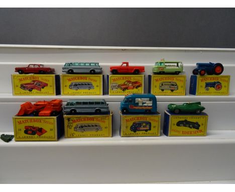 Nine boxed Matchbox Lesney 75 Series diecast vehicles to include 41 Jaguar Racing Car, 40 Long Distance Coach, 71 Jeep Gladia