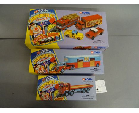 Three boxed Corgi Classics Chipperfields Circus diecast vehicles to include; 97957 ERF 8 Wheel Rigid Truck, 97887 Bedford O A