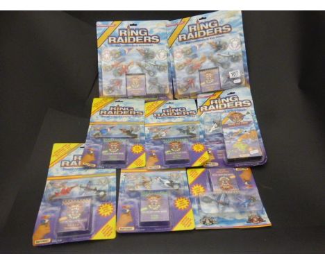 Eight carded Matchbox Ring Raiders sets to include Skull Squadron set of 8 x 2, dual packs x 5 and Ring of Fire VHS set, all 