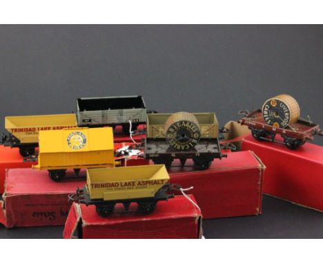 Seven boxed Hornby O gauge rolling stock items to include R173 No 1 Rotary Tipping Wagon (Trinidad), R159 Flat Truck with cab