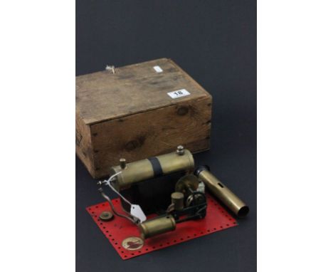 Bowman Models M135 Stationary Steam Engine mounted on red base, with original wooden box