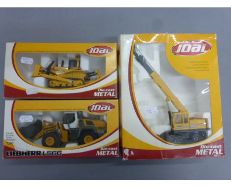 Three boxed 1:50 Joal Die-Cast Metal construction vehicles to include 236 Akerman EW200, 220 Liebherr L566 and 279 Compact, a