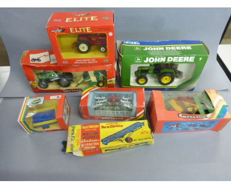 Seven various boxed metal/plastic models to include Britains Deutz- Fahr DX 92, Round Baler 9532, Fold- Up Cultvator 9950, hi