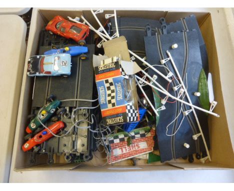 Collection of vintage Scalextric accessories to include 6 x slot cars in various conditions, track, etc