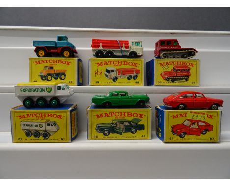 Six boxed Matchbox Lesney diecast vehicles to include 61 BP Alvis Stalwart, 58 DAF Girder Truck (complete), 49 Unimog in blue