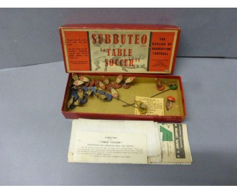 Early boxed Subbuteo celluloid red & blue teams (10 red, nine blues & both goalkeepers), condition is fair as players are dir