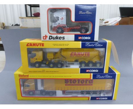 Three boxed Corgi Ltd Edition diecast vehicles 1:50 scale to include; CC12107 Renault Premium - Dukes Transport Ltd, 76102 Re