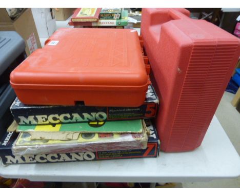 Four boxed Meccano sets to include 5 (x 2), 7, modern case, etc, plus a box of K-Nex