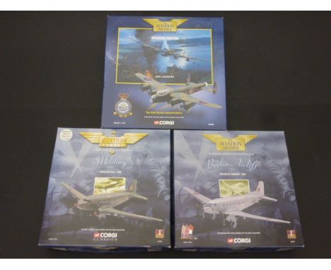 Three boxed Corgi Aviation Archive diecast model aircraft 1:144 scale to include; 47111 Douglas Dakota - RAF,  47106 Douglas 